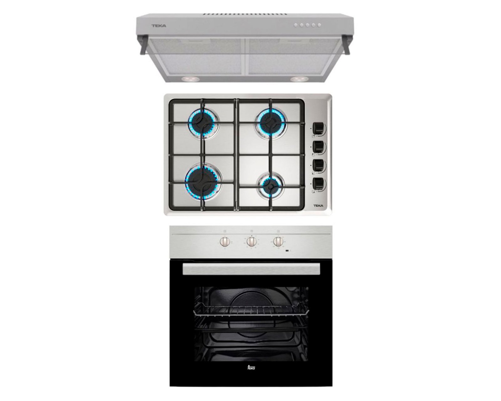 Kit empotrable horno HS 445 SS 62 lt + encimera HLX 540 4 quemadores + campana CX 62120