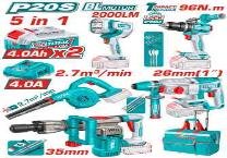 KIT TALADRO + LAMPARA + SOPLADORA + ROTOMARTILLO + DEMOLEDOR 20V TOTAL