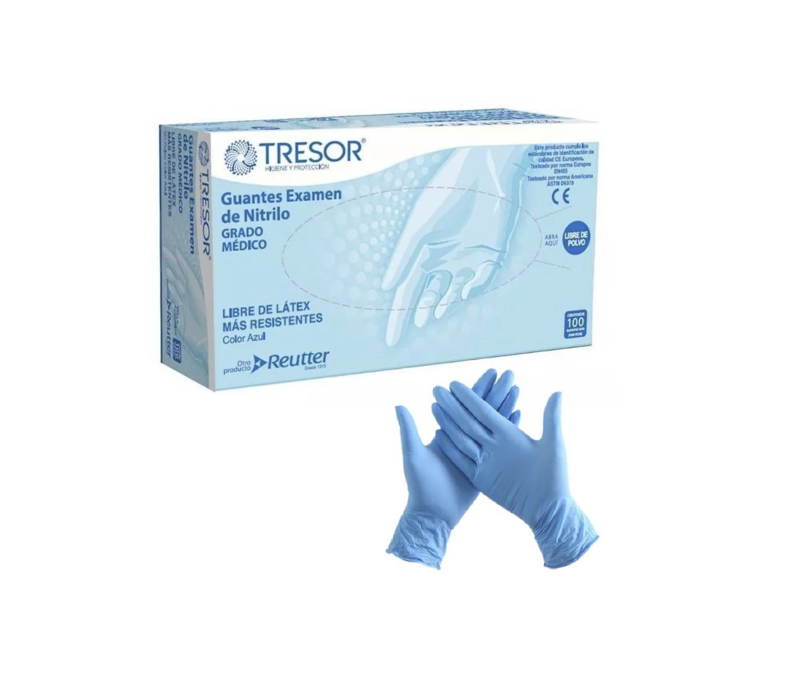 Guantes desechables de Examen Nitrilo Azul Libre polvo Tresor embalaje 10 cajas x 100 unid