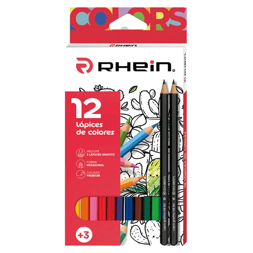 Lápices 12 Colores Largos Hexagonal + 2 Lápices Grafitos