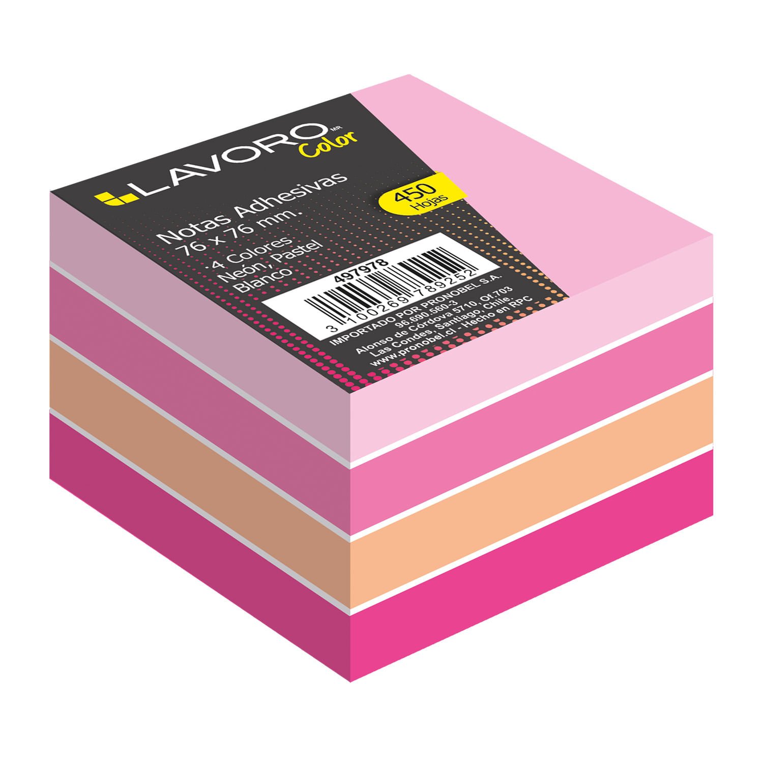 Nota adhesiva 654 76 x 76 Mm 450 Hojas 4 Colores Rosado